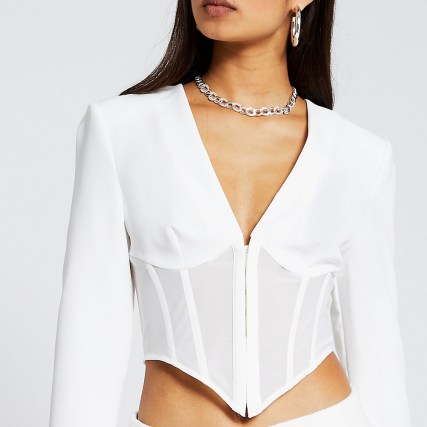 River Island White long sleeve corset mesh top | fitted crop tops | going out fashion