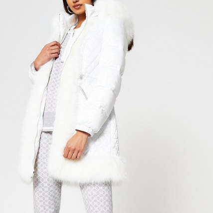 RIVER ISLAND White long sleeve faux fur hem padded coat ~ quilted winter coats - flipped