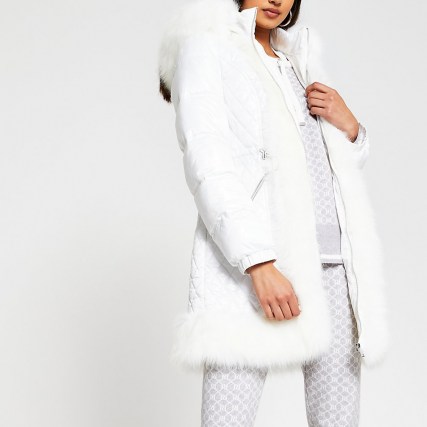 RIVER ISLAND White long sleeve faux fur hem padded coat ~ quilted winter coats