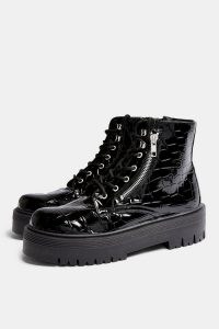 WIDE FIT BROOKE Black Patent Croc Chunky Zip Boots | glossy thick sole lace up boots
