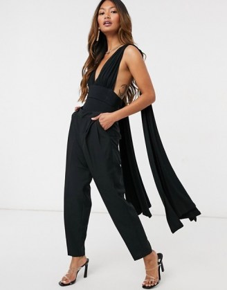 Yaura plunge cross back bodysuit with double drape in black ~ plunging draped detail bodysuits ~ party fashion - flipped