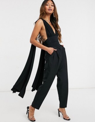 Yaura plunge cross back bodysuit with double drape in black ~ plunging draped detail bodysuits ~ party fashion