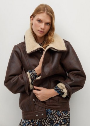 MANGO ATLANTA Faux shearling aviator jacket / brown casual fur lined winter jackets - flipped