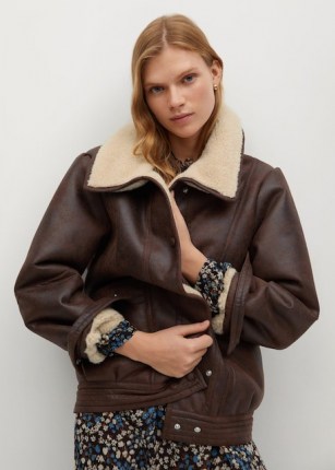 MANGO ATLANTA Faux shearling aviator jacket / brown casual fur lined winter jackets