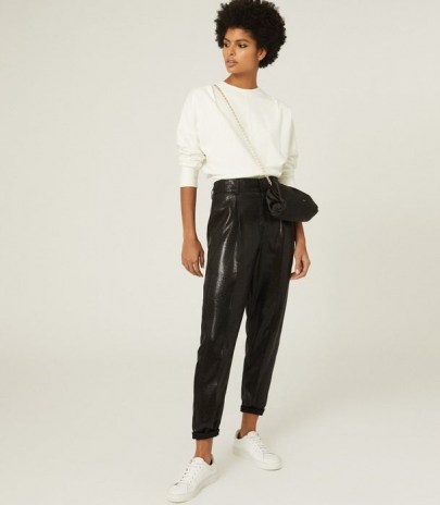 REISS ABBY HIGH WAISTED SHIMMER TROUSERS BLACK – sports luxe pants – casual glamour - flipped
