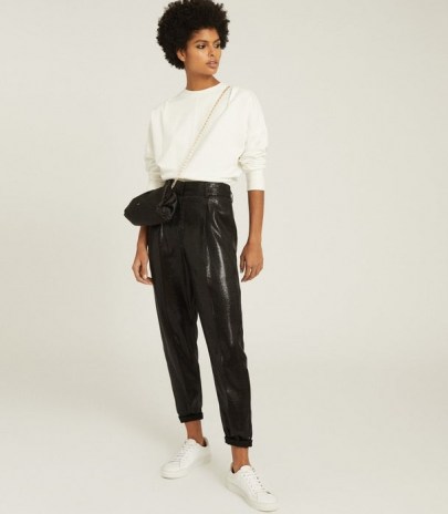 REISS ABBY HIGH WAISTED SHIMMER TROUSERS BLACK – sports luxe pants – casual glamour