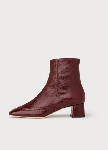 L.K. BENNETT ADRIANNA DARK RED CRINKLE PATENT ANKLE BOOTS / wine coloured block heel boot - flipped