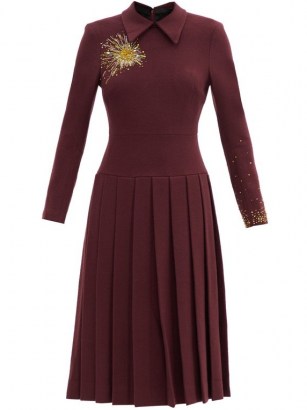 DUNCAN Alchemist Bleeding Heart beaded wool-blend dress ~ pleated drop waist dresses ~ burgundy winter clothing - flipped