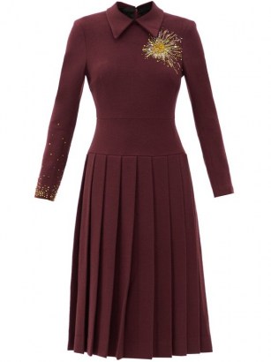DUNCAN Alchemist Bleeding Heart beaded wool-blend dress ~ pleated drop waist dresses ~ burgundy winter clothing