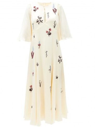 ERDEM Alcie beaded and embroidered silk-satin dress ~ slinky wide sleeve dresses ~ floral vintage style fashion - flipped