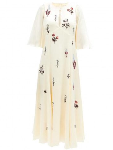 ERDEM Alcie beaded and embroidered silk-satin dress ~ slinky wide sleeve dresses ~ floral vintage style fashion