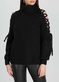 ALICE + OLIVIA Izetta black lace-up wool-blend jumper – black open detail jumpers