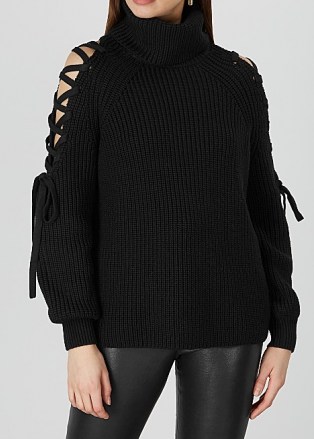 ALICE + OLIVIA Izetta black lace-up wool-blend jumper – black open detail jumpers - flipped