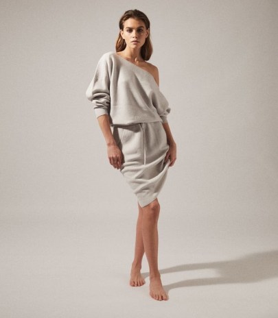 Reiss AMARA OFF-THE-SHOULDER KNITTED DRESS GREY | chic knitwear | draped asymmetric dresses