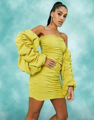 ASOS DESIGN extreme ruched bardot mini dress in chartreuse - flipped