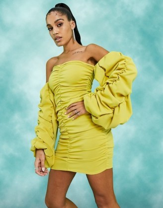 ASOS DESIGN extreme ruched bardot mini dress in chartreuse