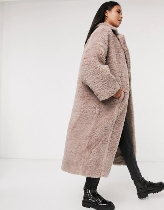 ASOS DESIGN faux fur hero longline maxi coat in mauve – fluffy winter coats - flipped