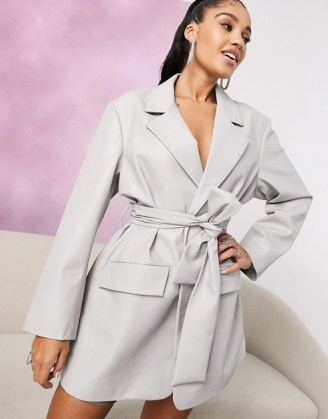 ASOS DESIGN glam leather look jacket in grey ~ waist tie jackets - flipped