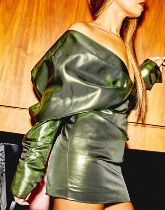 ASOS EDITION extreme shoulder metallic cocktail dress ~ olive green bardot dresses ~ party glamour - flipped