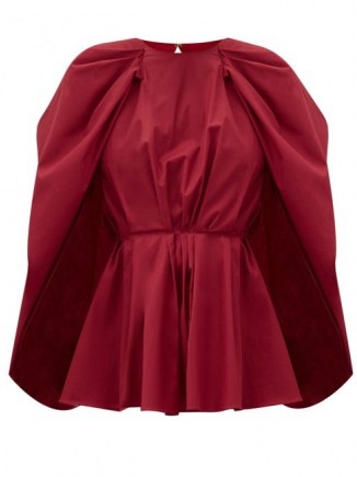 ROKSANDA Atticus cape-sleeve peplum cotton-poplin blouse – red statement blouses - flipped