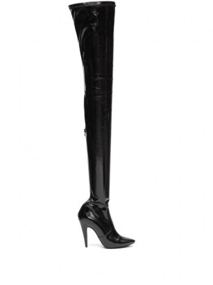 SAINT LAURENT Aylah 110 over-the-knee vinyl boots | black high shine footwear | patent thigh high boot