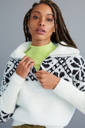 Pilcro Maia Cropped Quarter-Zip Pullover | textured knitwear | fuzzy fleece pullovers - flipped