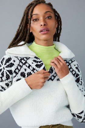 Pilcro Maia Cropped Quarter-Zip Pullover | textured knitwear | fuzzy fleece pullovers