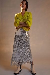 Maeve Tatiana Sequined Fringe Midi Skirt | silver fringed skirts