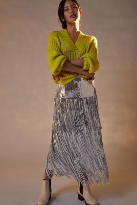 Maeve Tatiana Sequined Fringe Midi Skirt | silver fringed skirts - flipped