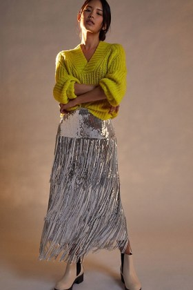 Maeve Tatiana Sequined Fringe Midi Skirt | silver fringed skirts