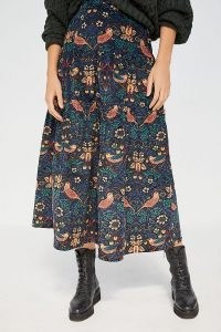 Eva Franco Oriana Tiered Corduroy Maxi Skirt | beautiful bird prints | blue printed skirts