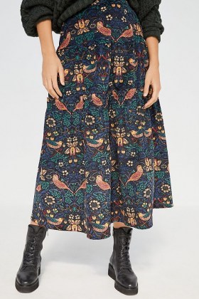 Eva Franco Oriana Tiered Corduroy Maxi Skirt | beautiful bird prints | blue printed skirts - flipped