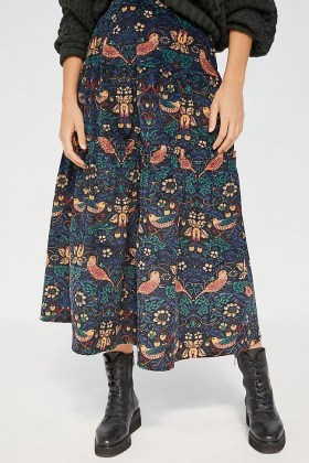 Eva Franco Oriana Tiered Corduroy Maxi Skirt | beautiful bird prints | blue printed skirts