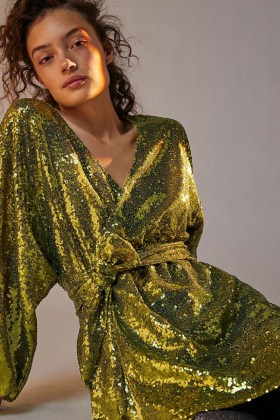 Anthro Label Lisabette Sequinned Mini Dress Chartreuse | sequin embellished wrap over dresses | party glamour - flipped