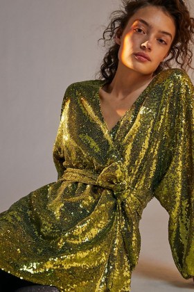 Anthro Label Lisabette Sequinned Mini Dress Chartreuse | sequin embellished wrap over dresses | party glamour