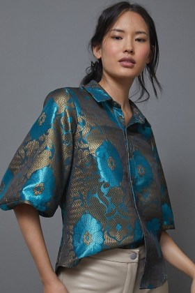 Eva Franco Sapphire Jacquard Blouse ~ rich jewel tone blouses ~ metallic detail clothing - flipped