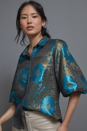 Eva Franco Sapphire Jacquard Blouse ~ rich jewel tone blouses ~ metallic detail clothing
