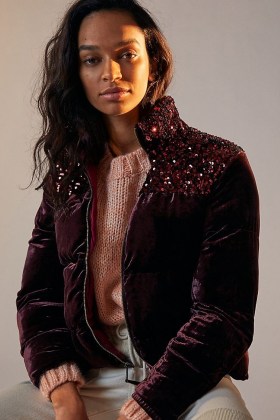 ANTHROPOLOGIE Fran Velvet Sequin Puffer Jacket Wine / luxe casual jackets / sequinned outerwear / rich winter colours - flipped