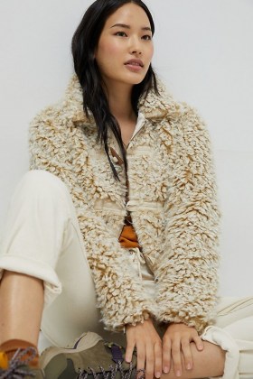ANTHROPOLOGIE Brenna Faux Fur Coat / textured winter coats / casual luxe style jacket - flipped