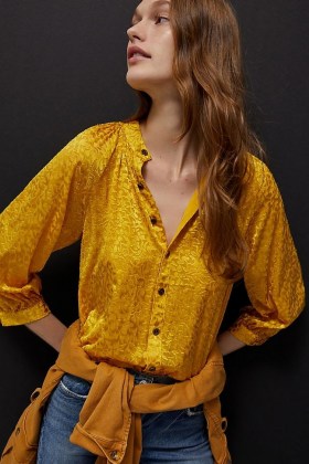 ANTHROPOLOGIE Susanna Burnout Velvet Buttondown Maize ~ yellow blouses - flipped