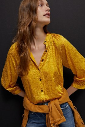 ANTHROPOLOGIE Susanna Burnout Velvet Buttondown Maize ~ yellow blouses