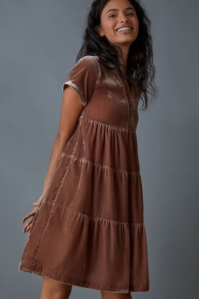 Anthro Label Tiered Mini Dress ~ brown velvet short sleeve dresses - flipped