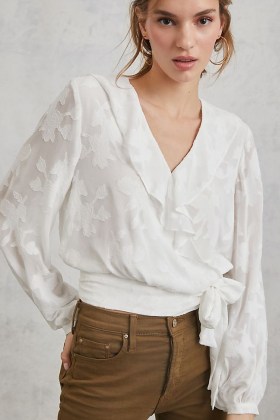 ANTHROPOLOGIE Milena Burnout Velvet Wrap Blouse – feminine blouses