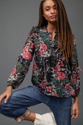 Daniel Rainn Aggie Floral Blouse – ruffle trim blouses - flipped