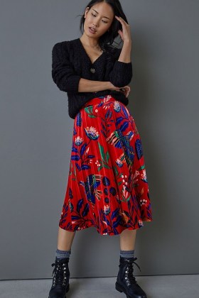 Super Nice Letters x Anthropologie Diana Pleated Velvet Midi Skirt / bright floral skirts - flipped