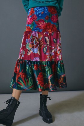 Farm Rio Drea Tiered Velvet Midi Skirt / mixed floral print dresses - flipped
