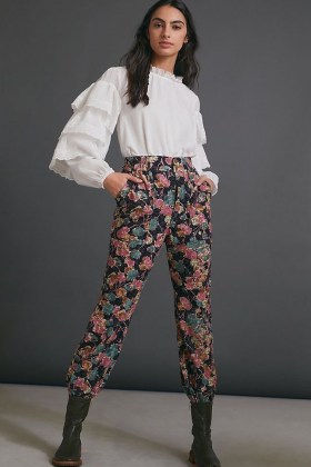 ANTHROPOLOGIE Anisa Floral Corduroy Joggers / cuffed trousers / textured fabric