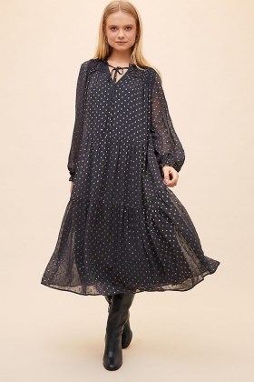 ANTHROPOLOGIE Tiered Clip Dot Midi Dress / navy blue spot print dresses / sheer overlay - flipped