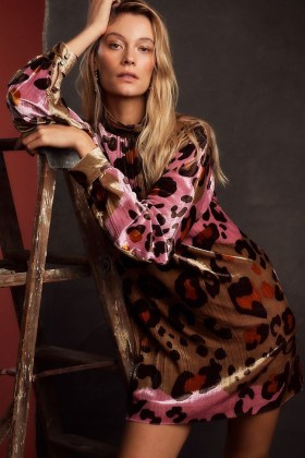 ANTHROPOLOGIE Layla Leopard Print Velvet Mini Dress ~ glamorous pink animal print dresses - flipped