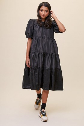 Second Female Tiered Midi Dress ~ black puff shoulder dresses with volume ~ party clothing - flipped